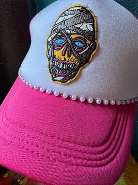 ✨ 2 for $40 ✨ Pink & White Trucker Hat with Embroidered Mummy Skull Patch